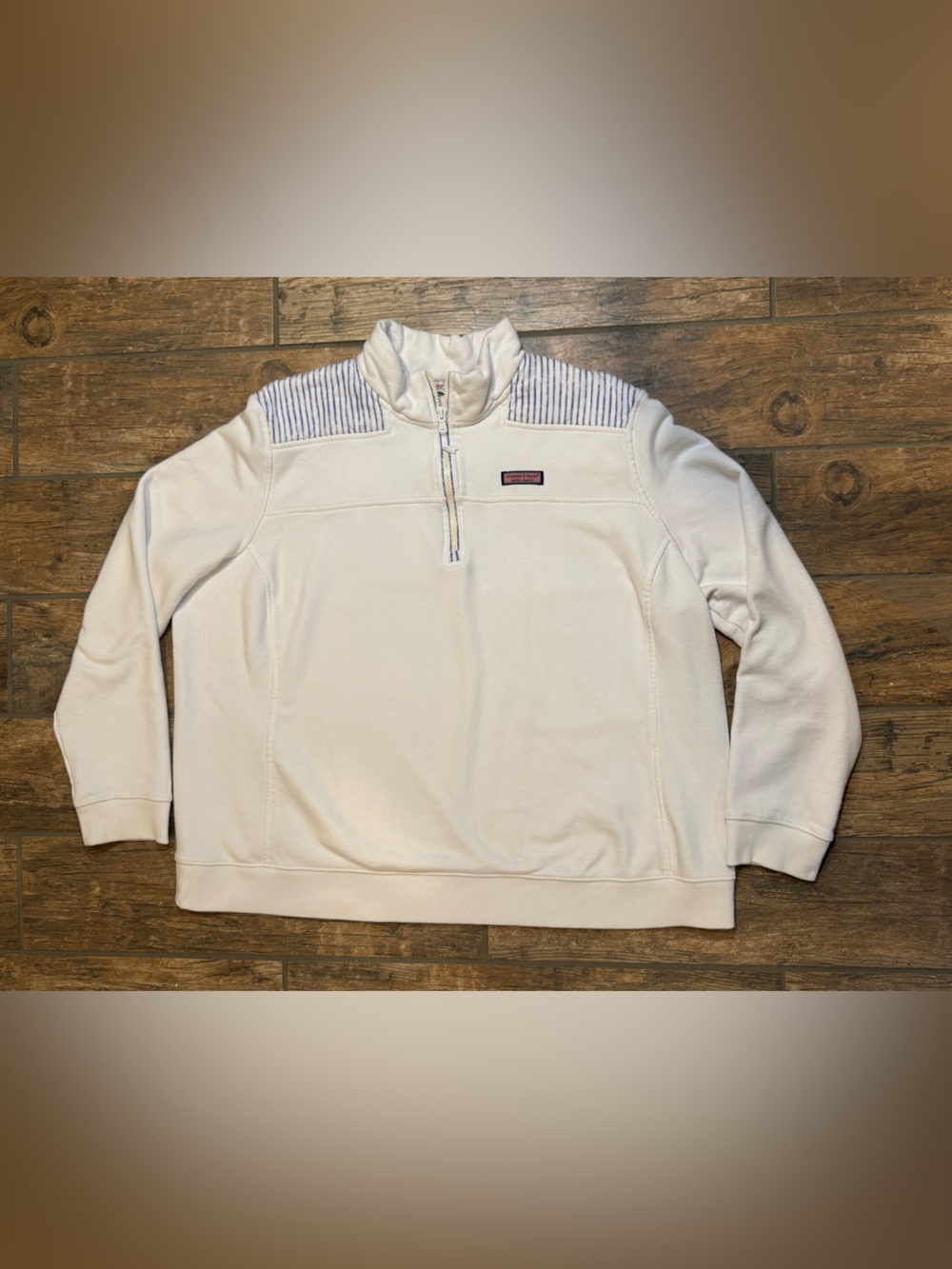 Vineyard Vines Cream Quarter-Zip Pullover with Navy Stripe Shoulders